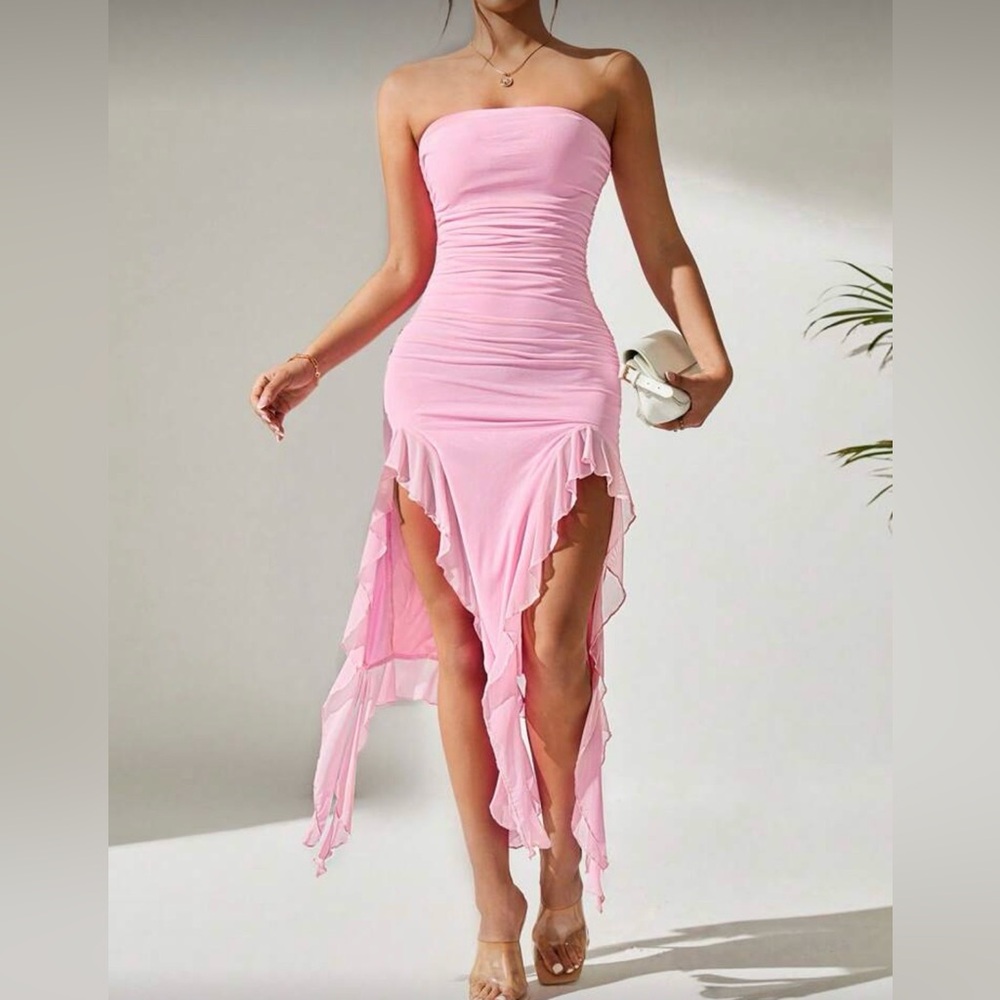 SHEIN Pink Strapless Asymmetric Ruffle Bodycon Dress
